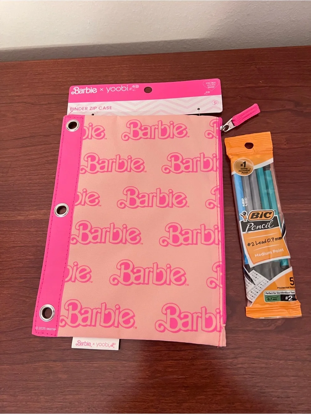 Barbie Yoobi Binder Zip Case Pencil Pouch 3 Ring Pink  & Bic Mechanical Pencil
